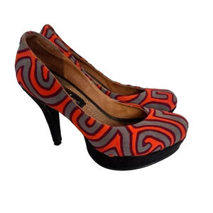 MoTalas women's size 7 orange gray wine abstract print‎ platform 4" heels Artsy